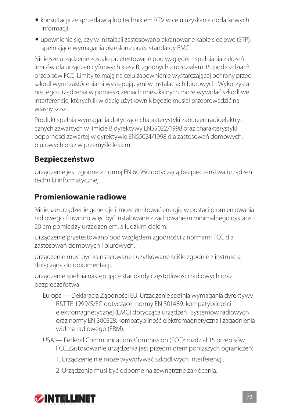 Bezpieczeństwo, Promieniowanie radiowe | Intellinet Network Solutions GUESTGATETM HOTSPOT GATEWAY 523240 User Manual | Page 73 / 88