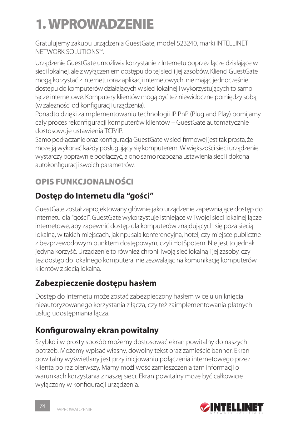 Wprowadzenie, Zabezpieczenie dostępu hasłem, Konfigurowalny ekran powitalny | Intellinet Network Solutions GUESTGATETM HOTSPOT GATEWAY 523240 User Manual | Page 74 / 88