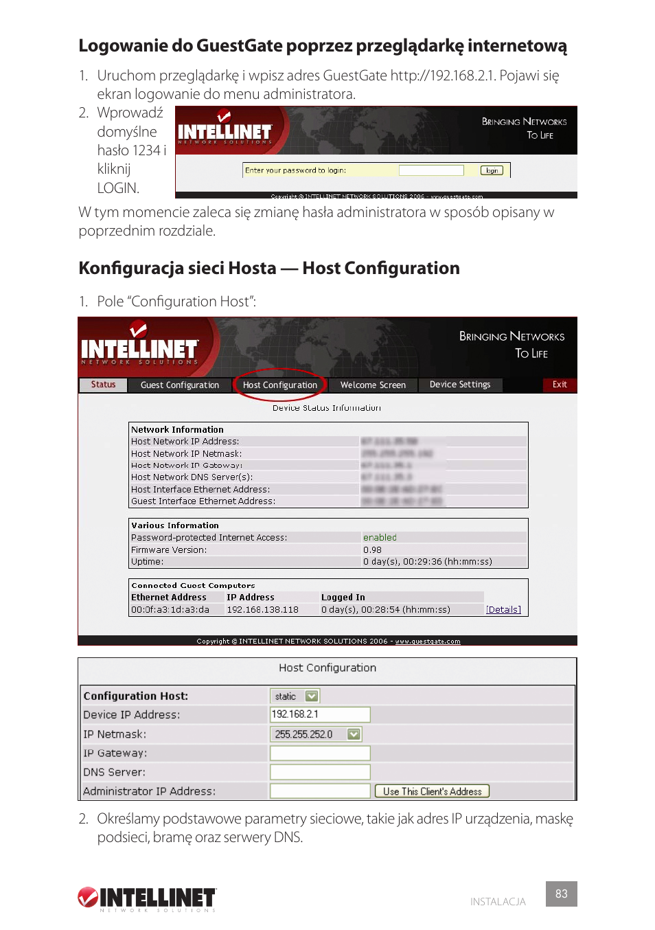 Konfiguracja sieci hosta — host configuration | Intellinet Network Solutions GUESTGATETM HOTSPOT GATEWAY 523240 User Manual | Page 83 / 88