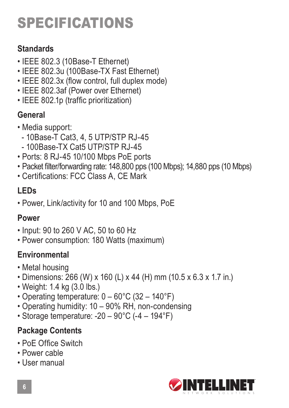 Specifications | Intellinet Network Solutions 503358 User Manual | Page 6 / 8