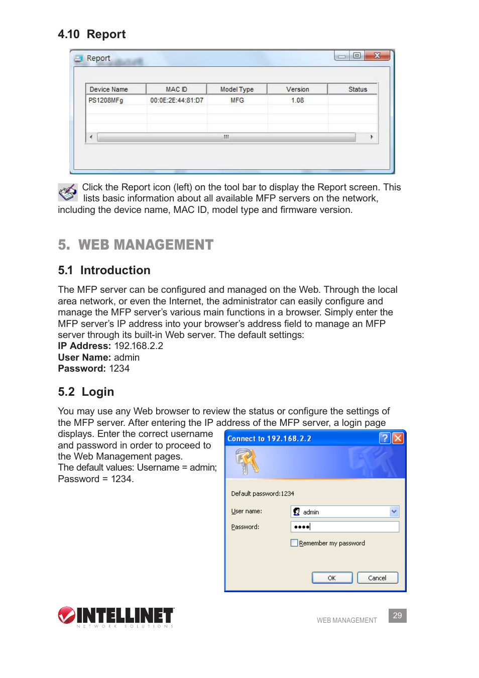 Web management, 10 report, 1 introduction | 2 login | Intellinet Network Solutions 509077 User Manual | Page 29 / 60