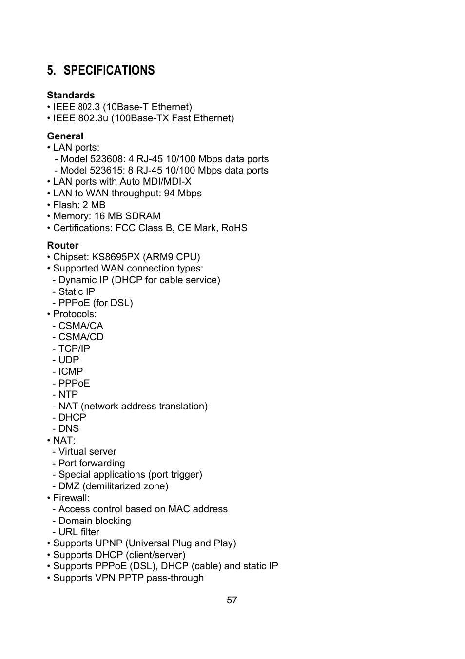 Specifications | Intellinet Network Solutions 523615 User Manual | Page 57 / 60