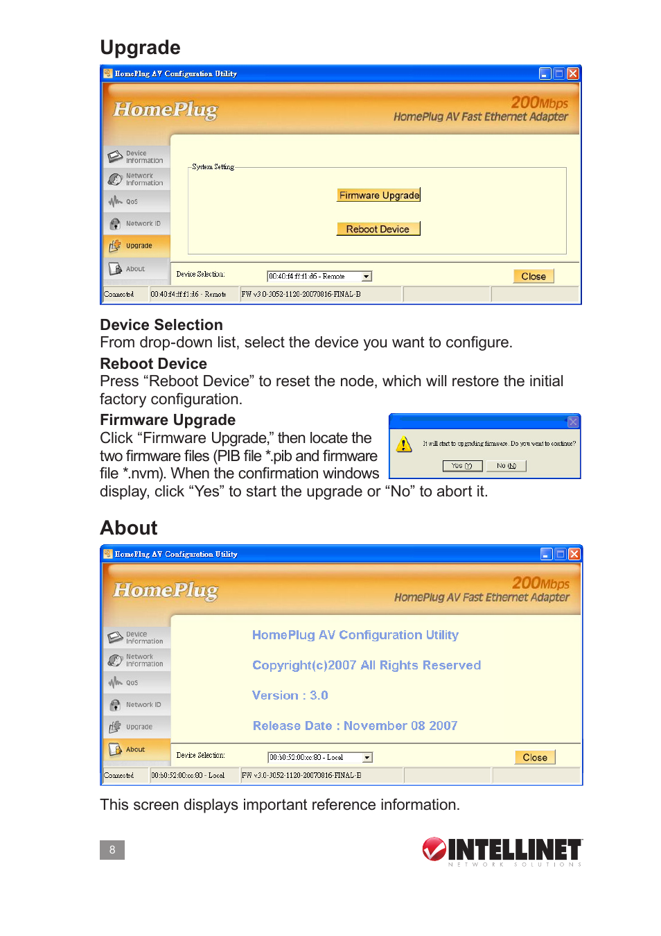 Upgrade, About | Intellinet Network Solutions PowerLine HD Ethernet Adapter 503839 User Manual | Page 8 / 12