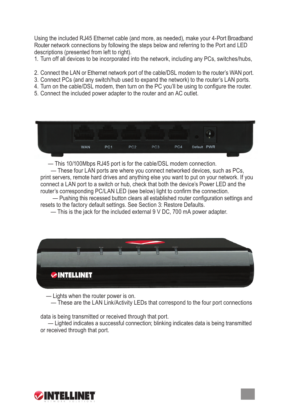 1 hardware installation, 1 rear panel ports & jacks, 2 front/top panel leds | Intellinet Network Solutions 524537 User Manual | Page 5 / 24