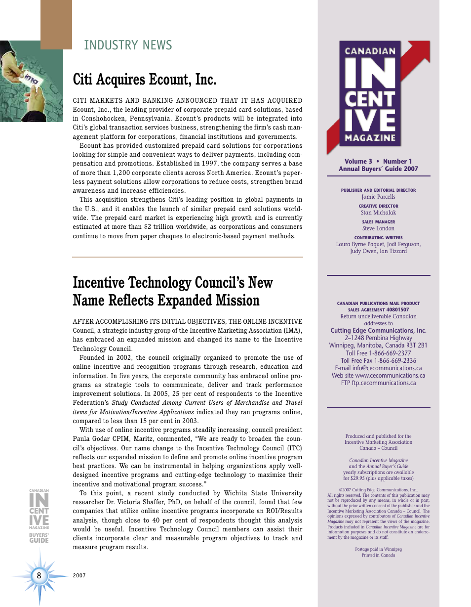 Citi acquires ecount, inc, Industry news | Incentive Publications PM40801507 User Manual | Page 8 / 48