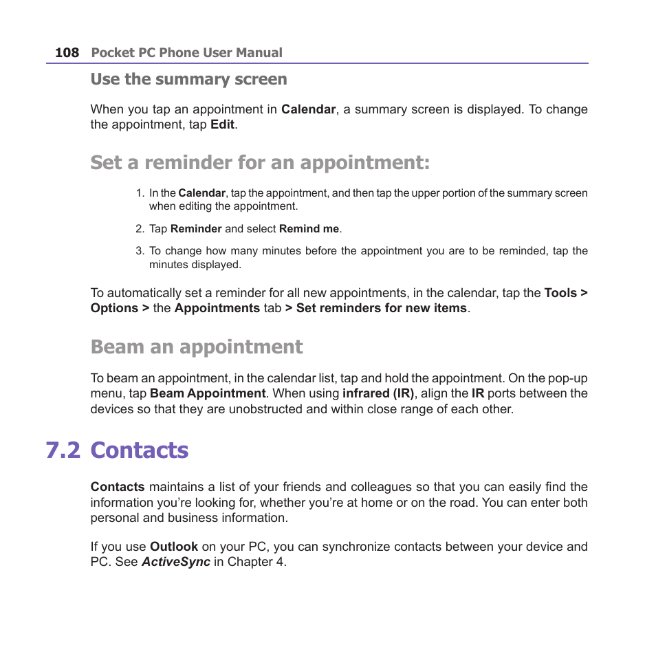 2 contacts, Set a reminder for an appointment, Beam an appointment | Use the summary screen | i-mate PM10A User Manual | Page 108 / 200