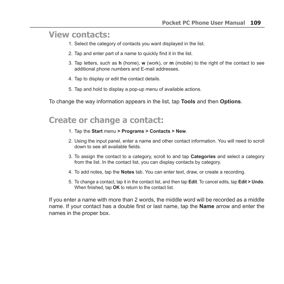 View contacts, Create or change a contact | i-mate PM10A User Manual | Page 109 / 200