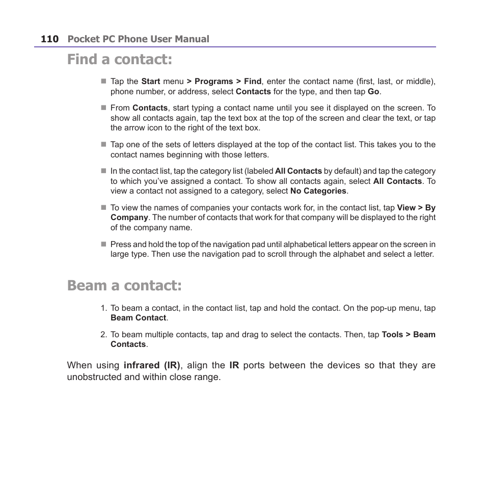 Find a contact, Beam a contact | i-mate PM10A User Manual | Page 110 / 200