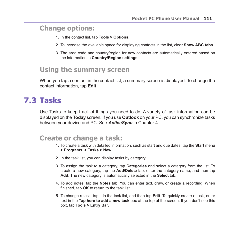 3 tasks, Change options, Using the summary screen | Create or change a task | i-mate PM10A User Manual | Page 111 / 200
