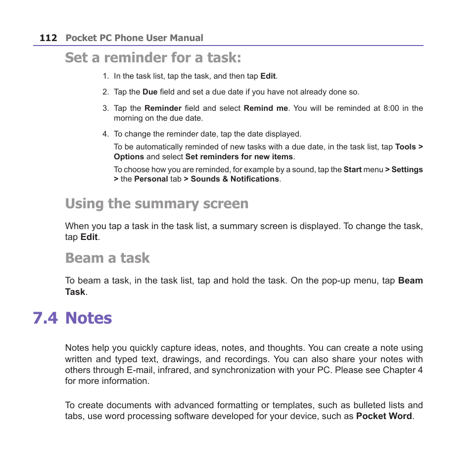 Set a reminder for a task, Using the summary screen, Beam a task | i-mate PM10A User Manual | Page 112 / 200