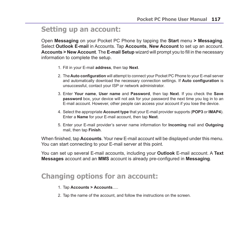 Setting up an account, Changing options for an account | i-mate PM10A User Manual | Page 117 / 200