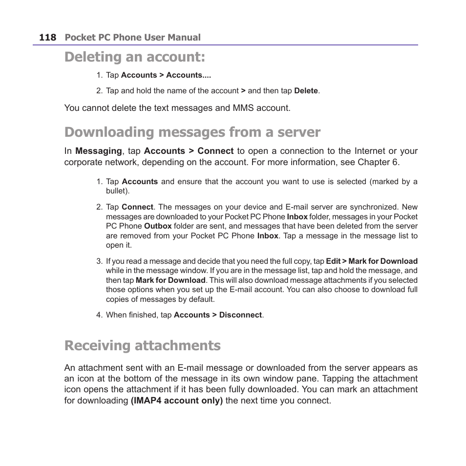 Deleting an account, Downloading messages from a server, Receiving attachments | i-mate PM10A User Manual | Page 118 / 200