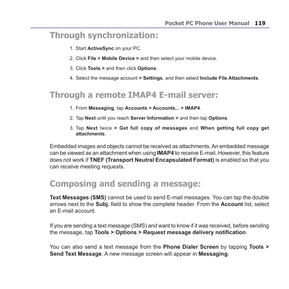 Through synchronization, Through a remote imap4 e-mail server, Composing and sending a message | i-mate PM10A User Manual | Page 119 / 200
