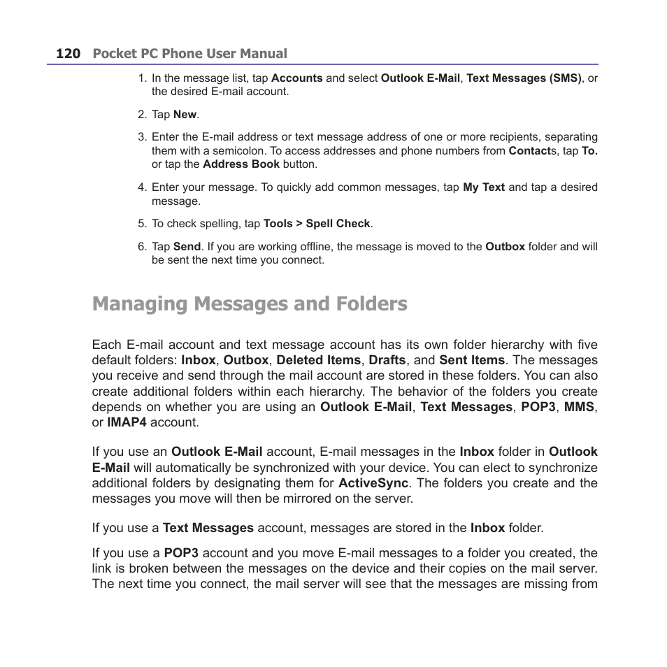 Managing messages and folders | i-mate PM10A User Manual | Page 120 / 200