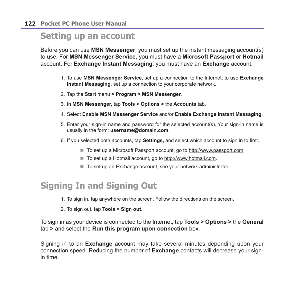 Setting up an account, Signing in and signing out | i-mate PM10A User Manual | Page 122 / 200