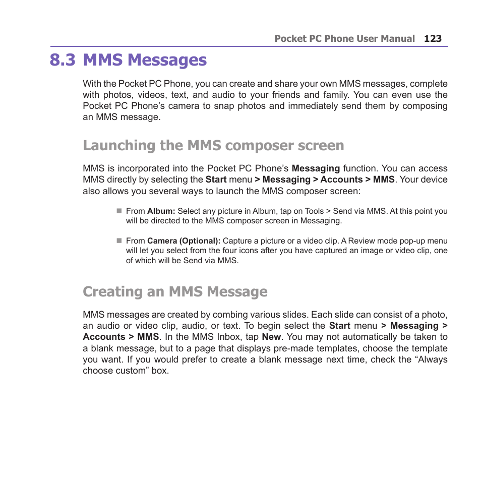 3 mms messages, Launching the mms composer screen, Creating an mms message | i-mate PM10A User Manual | Page 123 / 200
