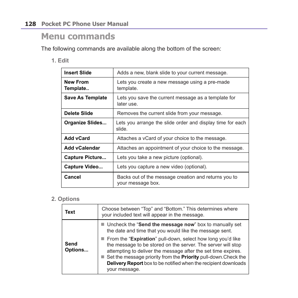 Menu commands | i-mate PM10A User Manual | Page 128 / 200