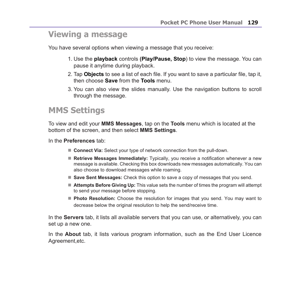 Viewing a message, Mms settings | i-mate PM10A User Manual | Page 129 / 200