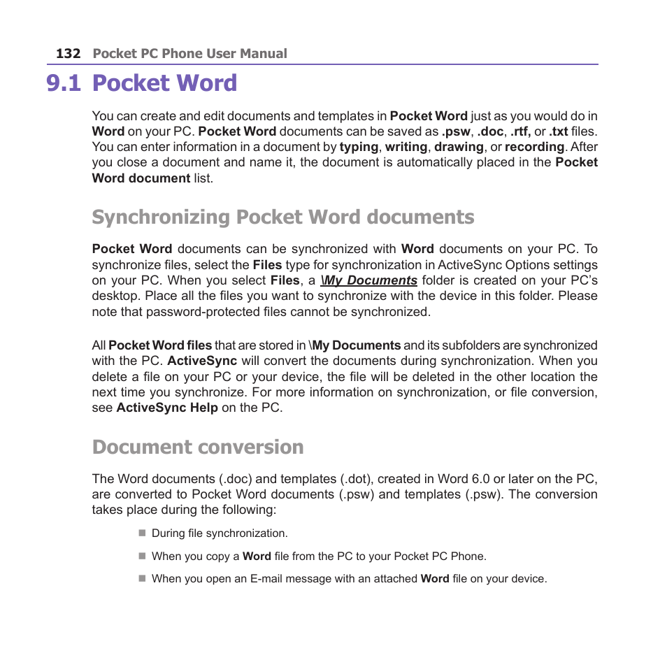 1 pocket word, Synchronizing pocket word documents, Document conversion | i-mate PM10A User Manual | Page 132 / 200