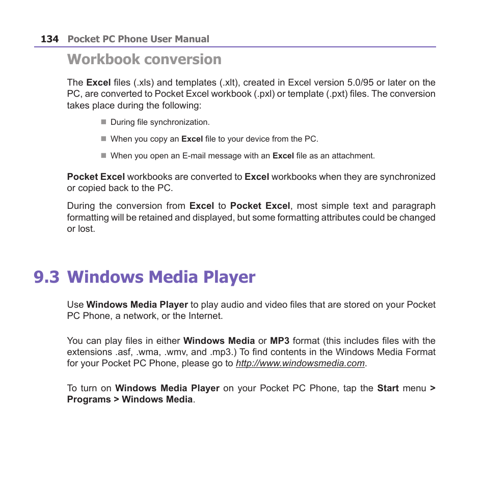 3 windows media player, Workbook conversion | i-mate PM10A User Manual | Page 134 / 200