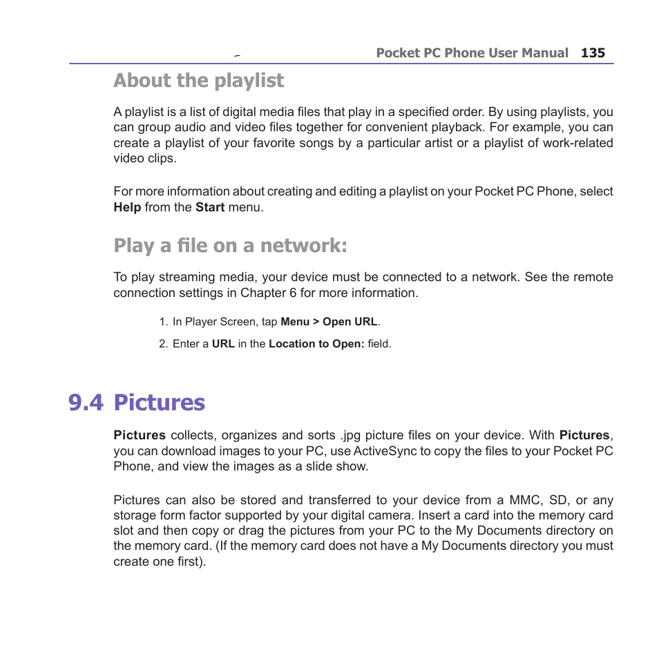 4 pictures, About the playlist, Play a file on a network | i-mate PM10A User Manual | Page 135 / 200