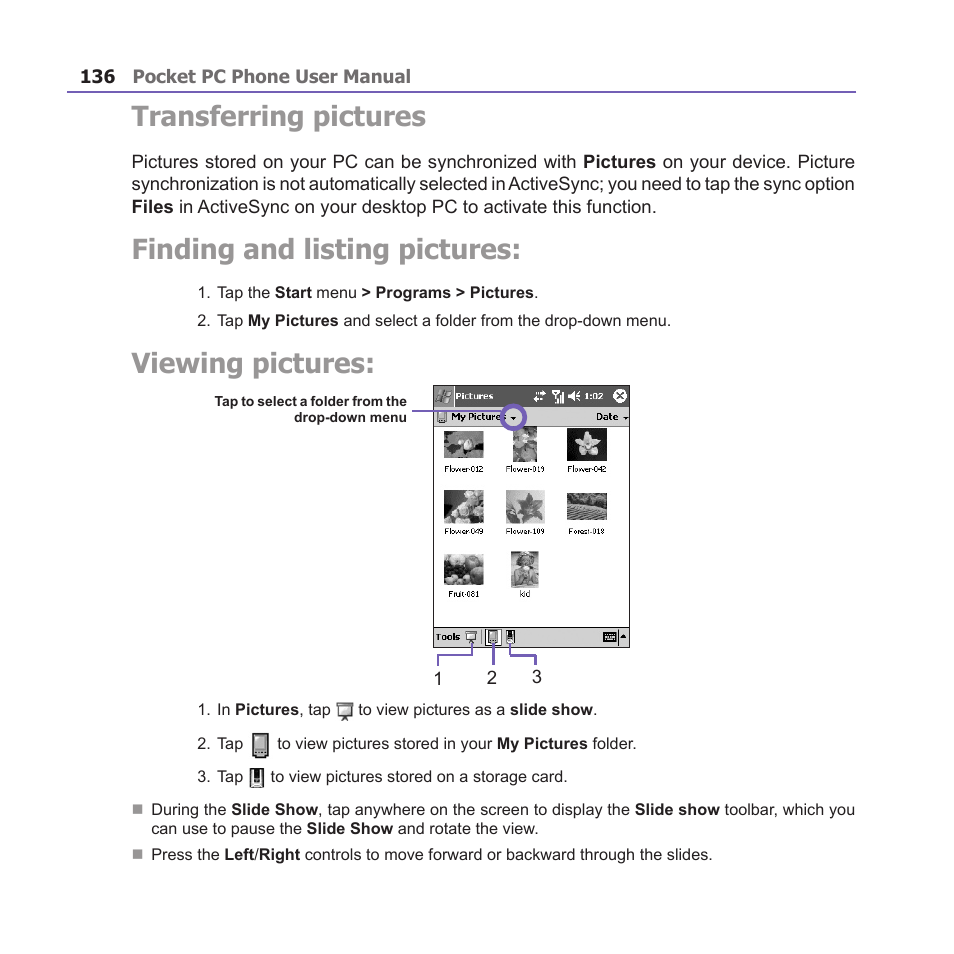 Transferring pictures, Finding and listing pictures, Viewing pictures | i-mate PM10A User Manual | Page 136 / 200
