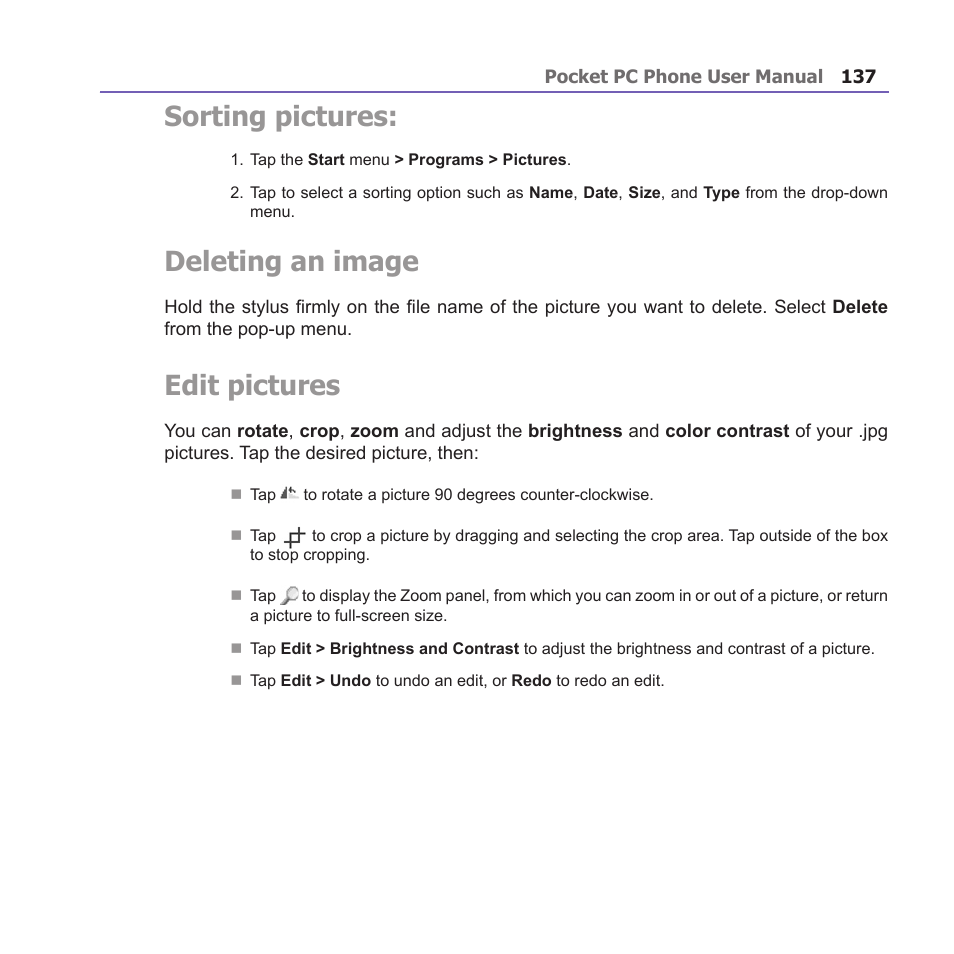 Sorting pictures, Deleting an image, Edit pictures | i-mate PM10A User Manual | Page 137 / 200