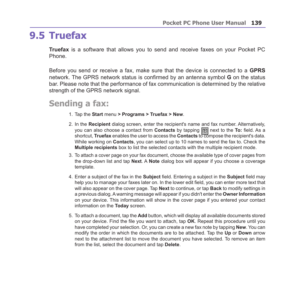 5 truefax, Sending a fax | i-mate PM10A User Manual | Page 139 / 200