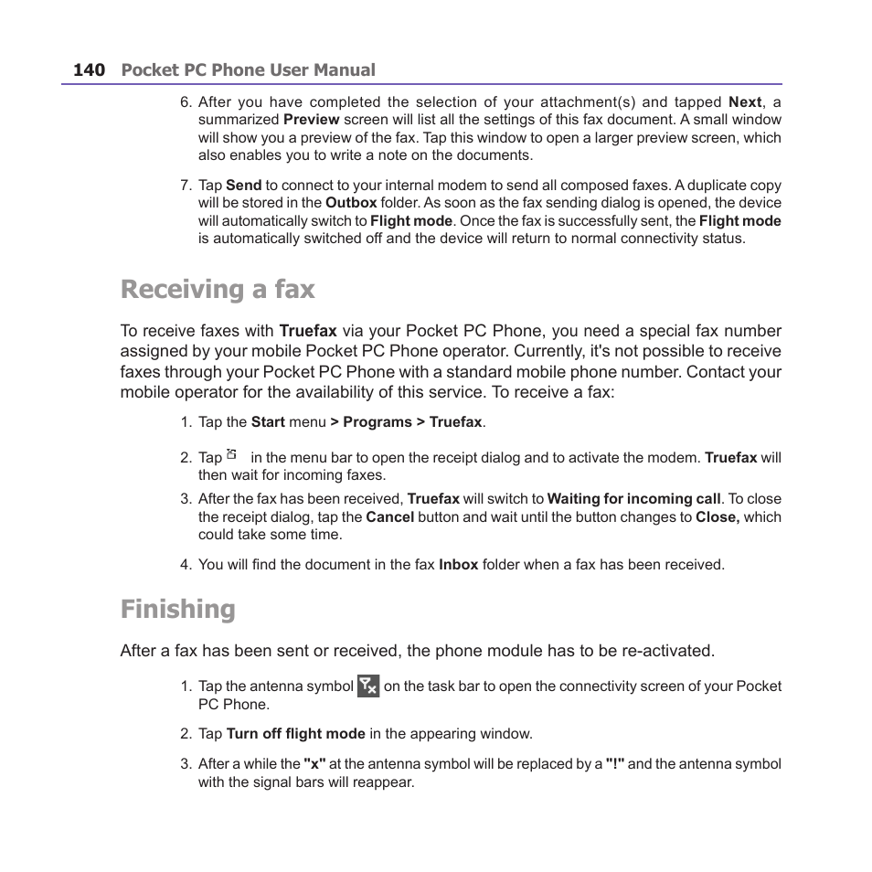 Receiving a fax, Finishing | i-mate PM10A User Manual | Page 140 / 200