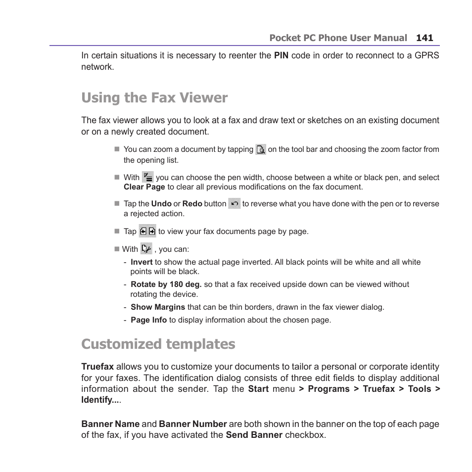 Using the fax viewer, Customized templates | i-mate PM10A User Manual | Page 141 / 200