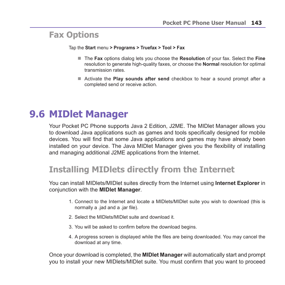 6 midlet manager, Fax options, Installing midlets directly from the internet | i-mate PM10A User Manual | Page 143 / 200