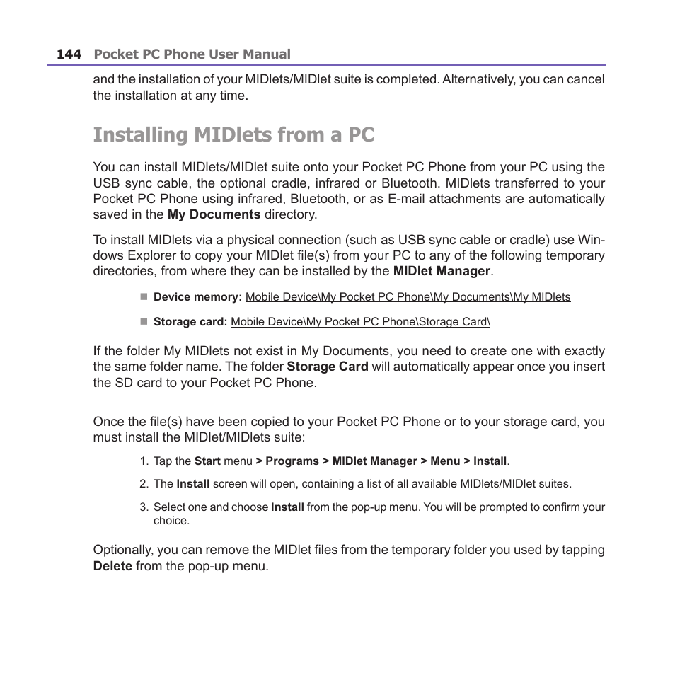 Installing midlets from a pc | i-mate PM10A User Manual | Page 144 / 200