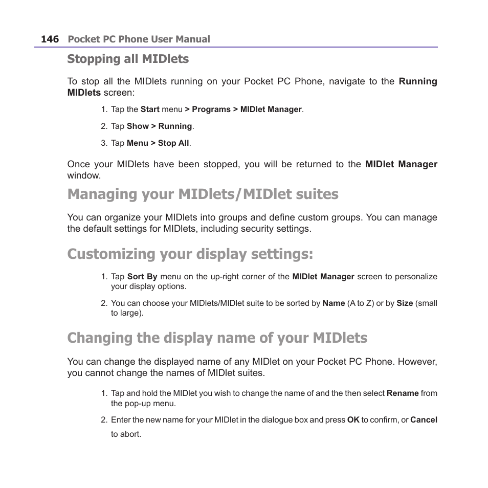 Managing your midlets/midlet suites, Customizing your display settings, Changing the display name of your midlets | Stopping all midlets | i-mate PM10A User Manual | Page 146 / 200