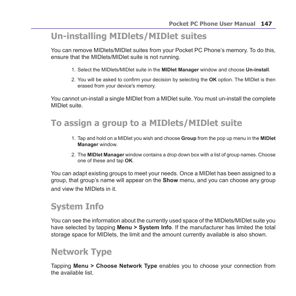 Un-installing midlets/midlet suites, System info, Network type | i-mate PM10A User Manual | Page 147 / 200