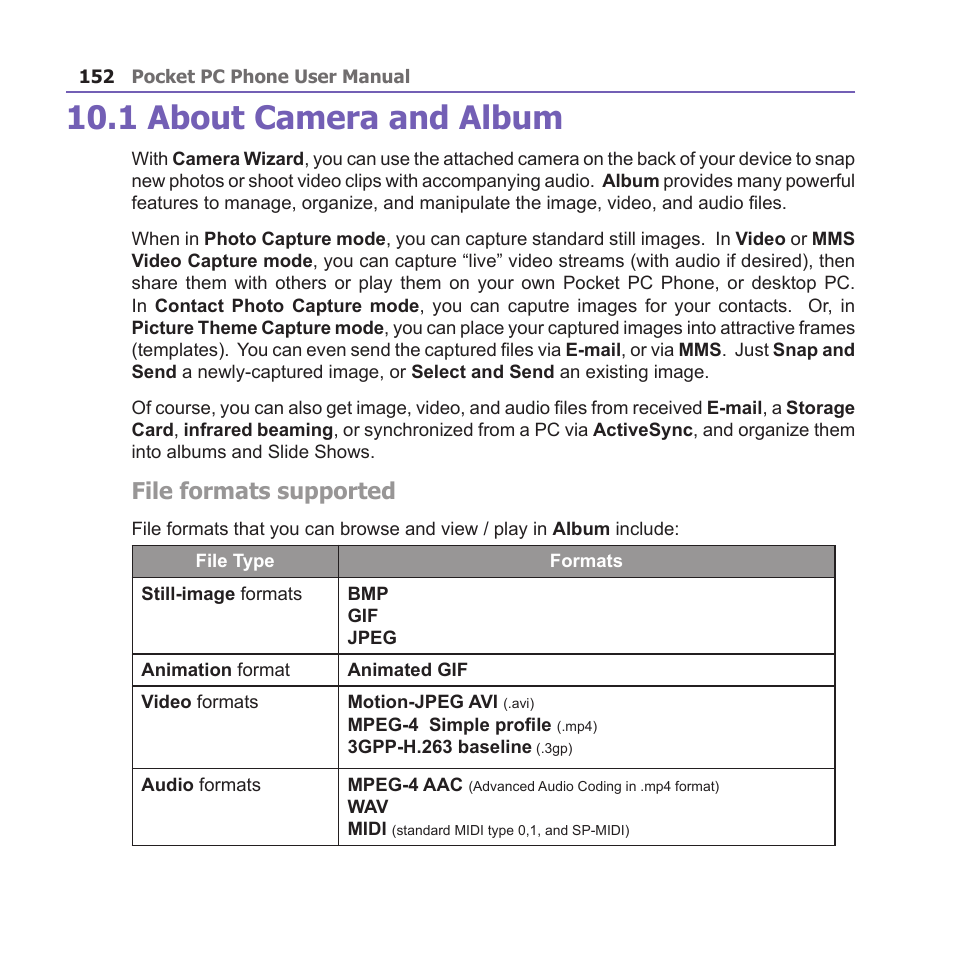 1 about camera and album, File formats supported | i-mate PM10A User Manual | Page 152 / 200