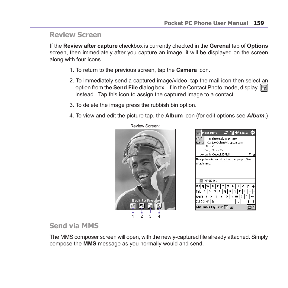 Review screen, Send via mms | i-mate PM10A User Manual | Page 159 / 200