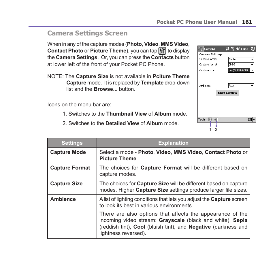 Camera settings screen | i-mate PM10A User Manual | Page 161 / 200