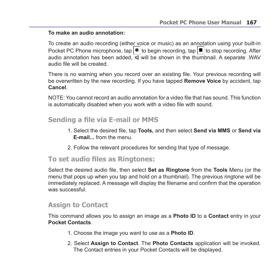 Sending a file via e-mail or mms, Assign to contact | i-mate PM10A User Manual | Page 167 / 200