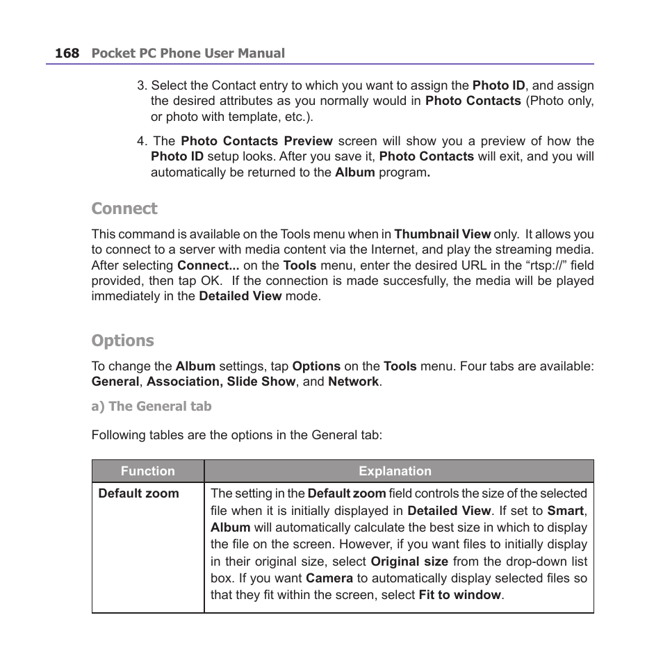 Connect, Options | i-mate PM10A User Manual | Page 168 / 200