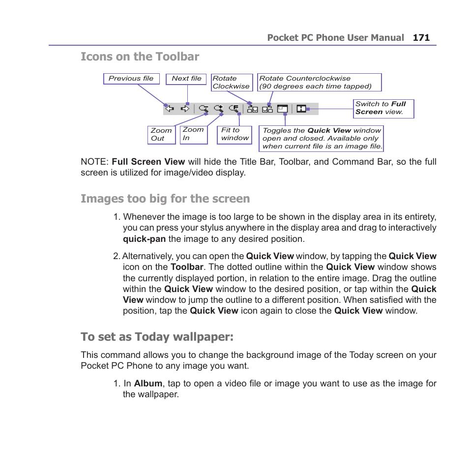 Icons on the toolbar, Images too big for the screen | i-mate PM10A User Manual | Page 171 / 200