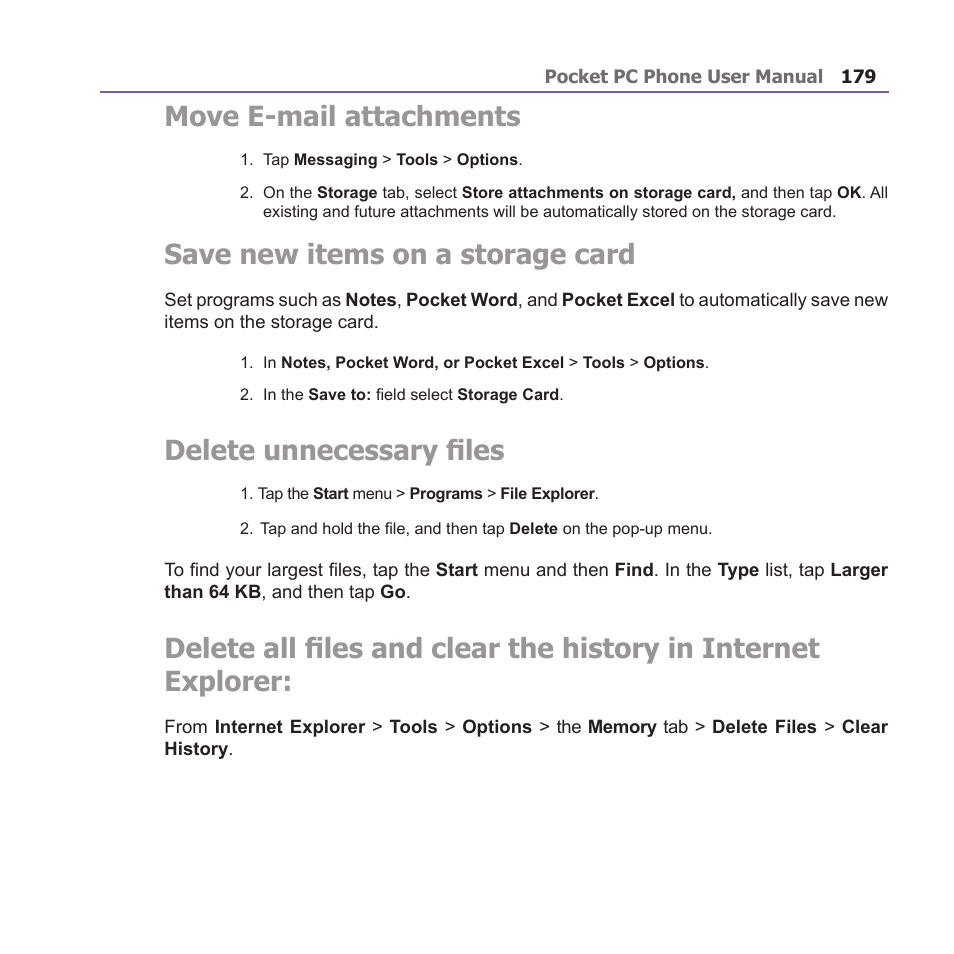 Move e-mail attachments, Save new items on a storage card, Delete unnecessary files | i-mate PM10A User Manual | Page 179 / 200