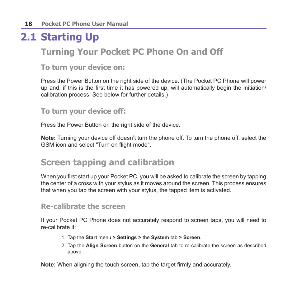 1 starting up, Turning your pocket pc phone on and off, Screen tapping and calibration | Re-calibrate the screen | i-mate PM10A User Manual | Page 18 / 200