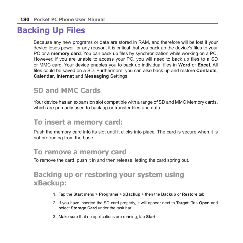 Backing up files, Sd and mmc cards, Backing up or restoring your system using xbackup | i-mate PM10A User Manual | Page 180 / 200