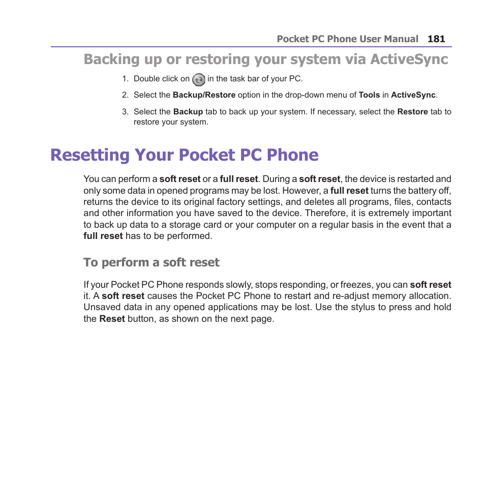 Resetting your pocket pc phone, Backing up or restoring your system via activesync | i-mate PM10A User Manual | Page 181 / 200
