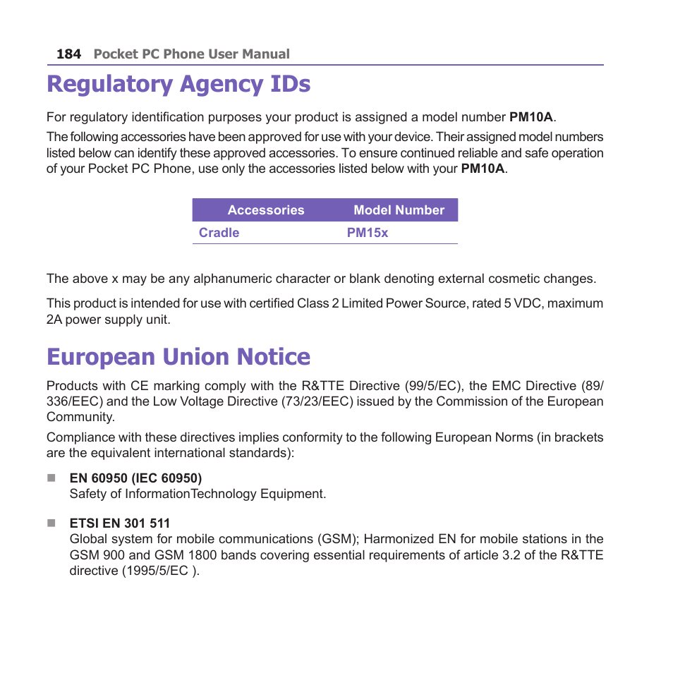 Regulatory agency ids, European union notice | i-mate PM10A User Manual | Page 184 / 200
