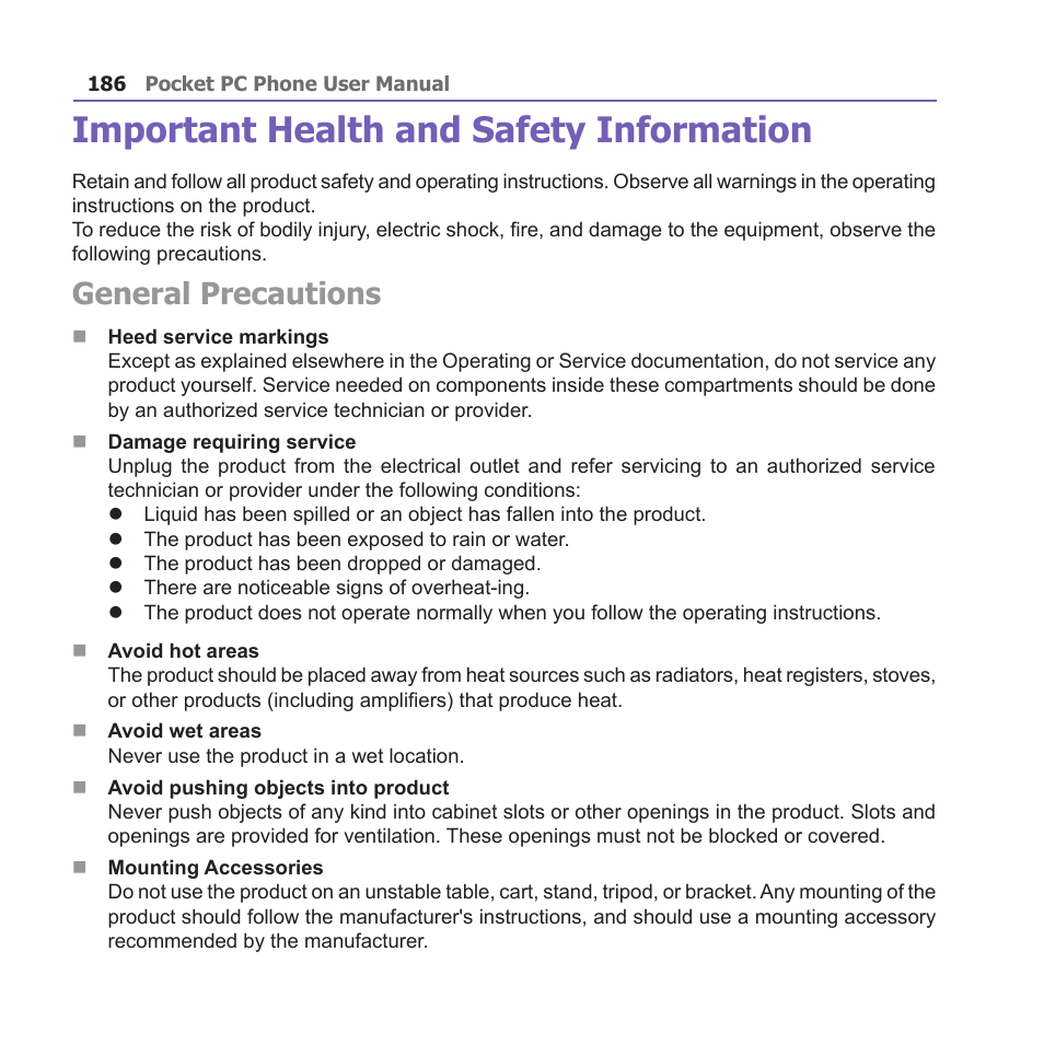 Important health and safety information, General precautions | i-mate PM10A User Manual | Page 186 / 200