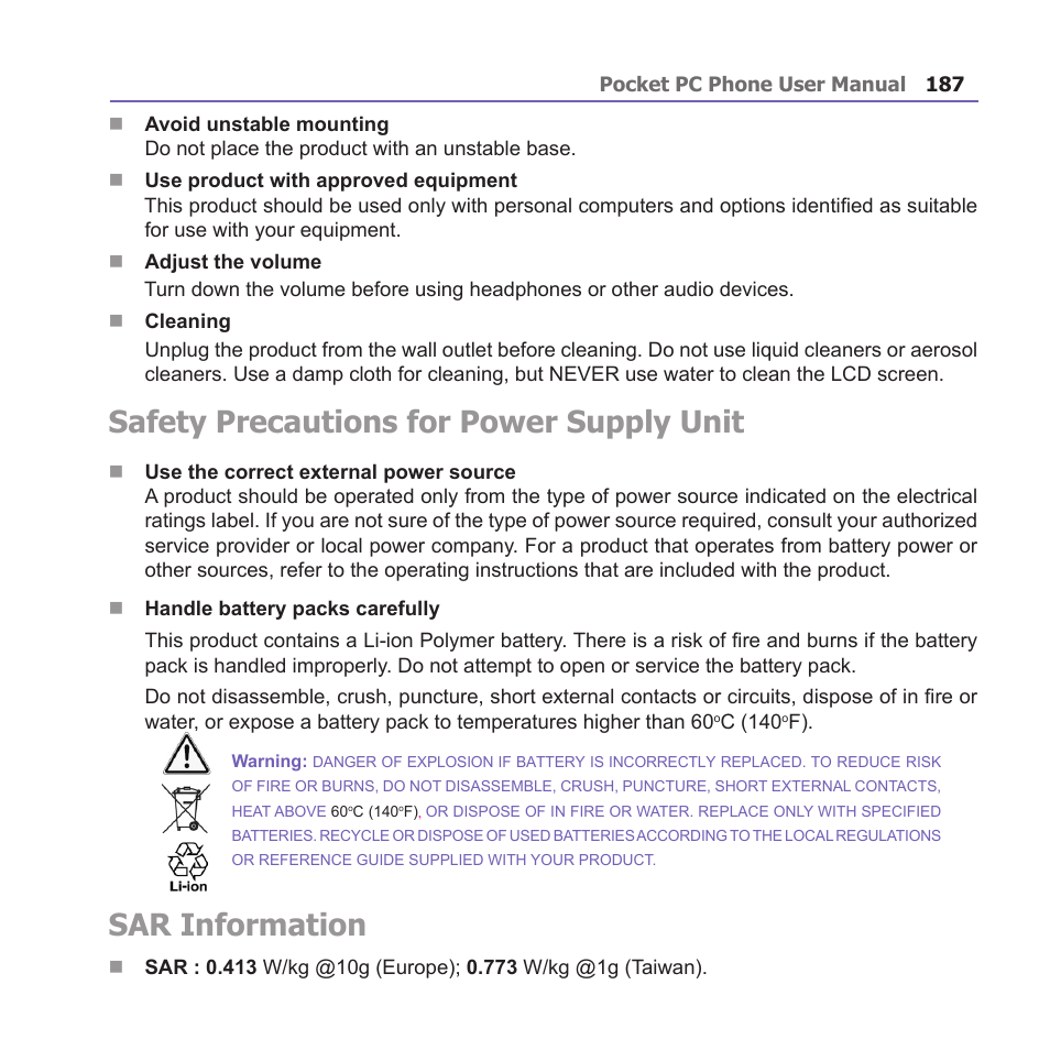Safety precautions for power supply unit, Sar information | i-mate PM10A User Manual | Page 187 / 200