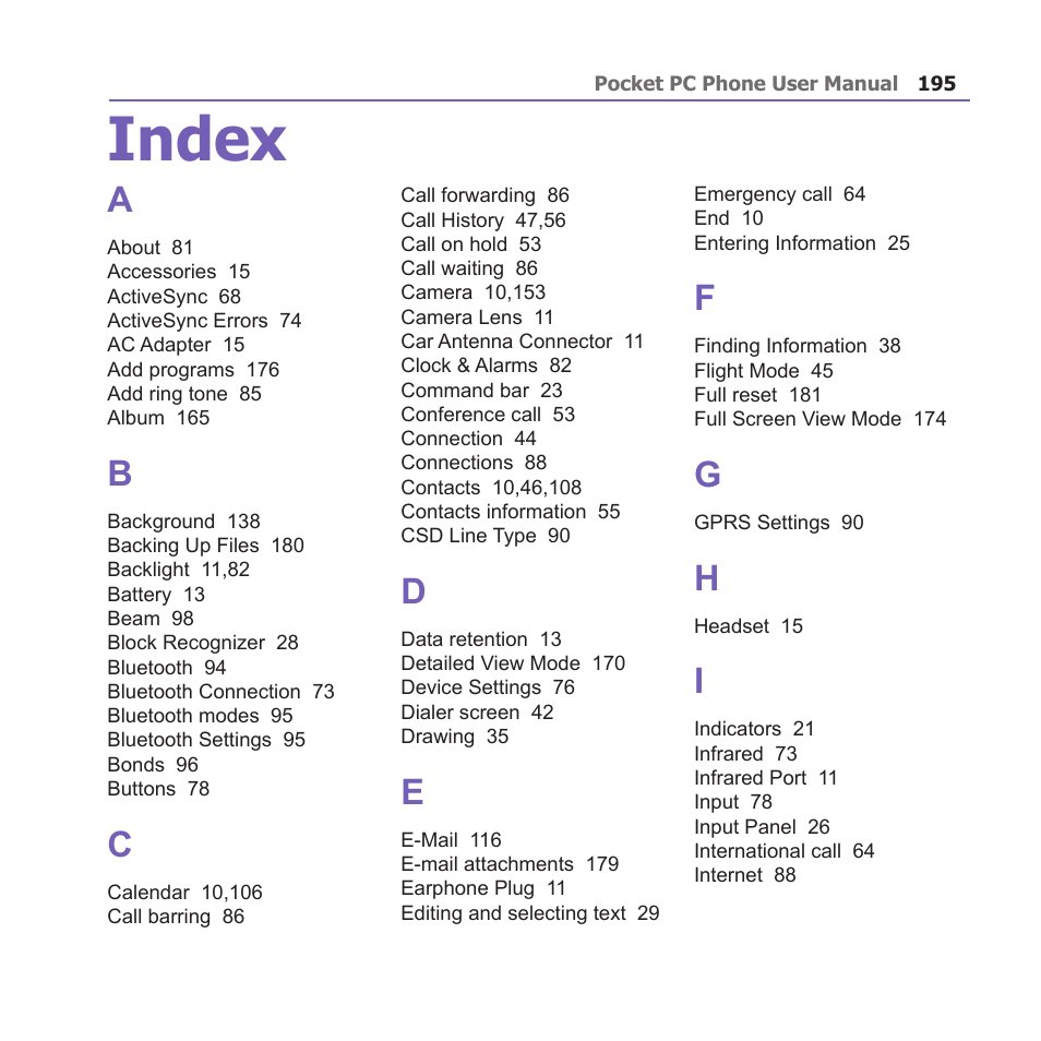 Index | i-mate PM10A User Manual | Page 195 / 200