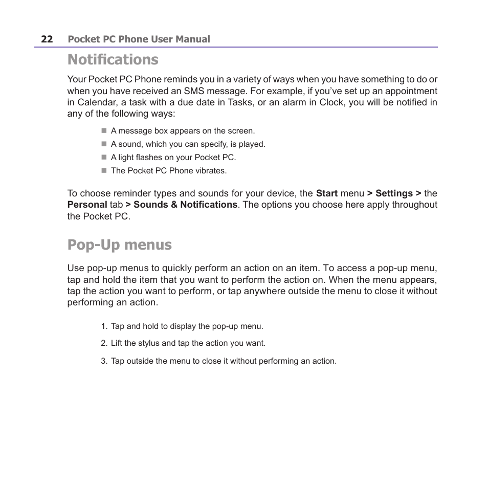 Notifications, Pop-up menus | i-mate PM10A User Manual | Page 22 / 200