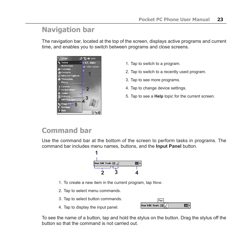 Navigation bar, Command bar | i-mate PM10A User Manual | Page 23 / 200